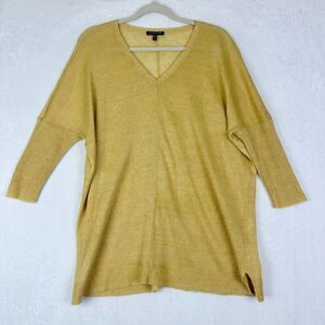 Eileen Fisher Linen Delave Knit Box Top Size Medium V-Neck Dandelion Yellow